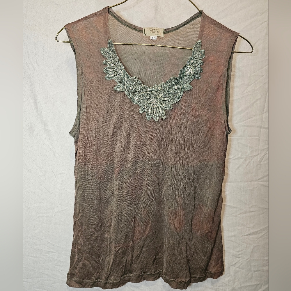 Vintage Herb Italy Sheer Mesh Embroidered Neckline Tank Top XL